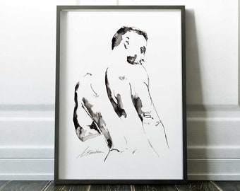 ink drawing print black and white | queer artist | pen and ink art | male figure | pen art | erotic fine art | gay art | male prints