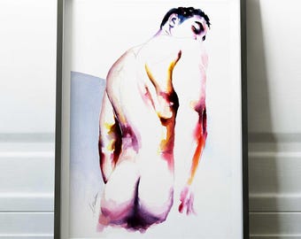 Stampa artistica gay, arte murale LGBT, schizzo maschile, studio di figura queer, body art ad acquerello, regalo Pride unico, decorazione per la casa con disegno a inchiostro