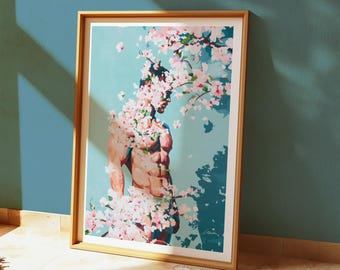 male torso blossoms print, muscular figure gay art painting, sensual body floral petals poster, strong profile flowers illustration