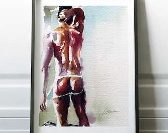 Back View Male Giclée Art Print, LGBTQA Art, Watercolor Contemporary, Reds and Browns, Modern Wall Decor, Home Office, Gift for Art Lovers