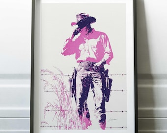 May include: A pink and purple illustration of a cowboy standing by a barbed wire fence. The cowboy is wearing a hat, a long-sleeved shirt, jeans, and a belt with a buckle. He is holding a gun in each hand.