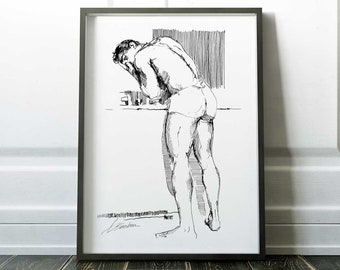 Unframed Art Black and White Art | homoerotic gay art print | nude male art | original ink sketch | Gay Engagement