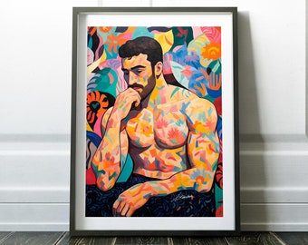 Gay Art Print, LGBTQ Masculine Portrait, Pride Wall Decor, Floral Male Artwork, Colorful Home Decor, Queer Gift, Expressive Modern Gallery