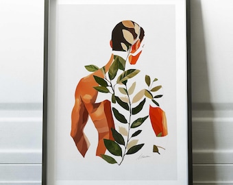 Männlicher abstrakter Akt Wandkunst, botanische Figur Kunstdruck, moderne Aktmalerei, Natur Wohnkultur, männliche Schlafzimmerwandkunst, schwules Kunstwerk