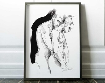 black and white love is love nude male print | gay art | sensual painting | male figure | queer artist | pen art | pen and ink art