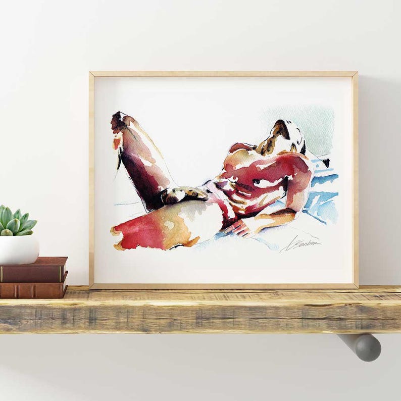 May include: A watercolor painting of a person lying on a bed. The person is nude and has a red and orange color scheme. The painting is done in a realistic style.
