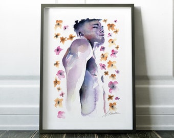 Artful Wall Art, Watercolor Male Figure, Erotic Male Nude Art Print, Sensual Pose with Floral Accents, Contemporary Home Decor