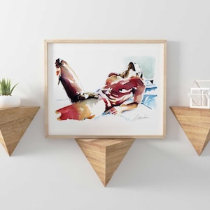 May include: Watercolor painting of a nude person lying on a bed with a blue and white patterned sheet. The person's body is painted in shades of red, orange, and yellow.