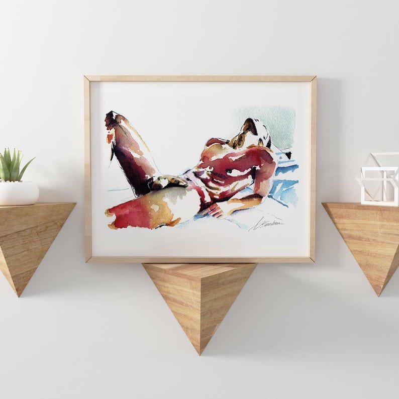 May include: Watercolor painting of a nude person lying on a bed with a blue and white patterned sheet. The person's body is painted in shades of red, orange, and yellow.