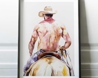 Cowboy Art Print, Watercolor Western Decor, Shirtless Cowboy on Horseback, Male Figure Wall Art, LGBTQ Cowboy Art for Rustic Home