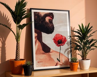 bearded male art print, masculine torso gay art painting, sensual figure flower poster, strong chest poppy modern portrait illustration