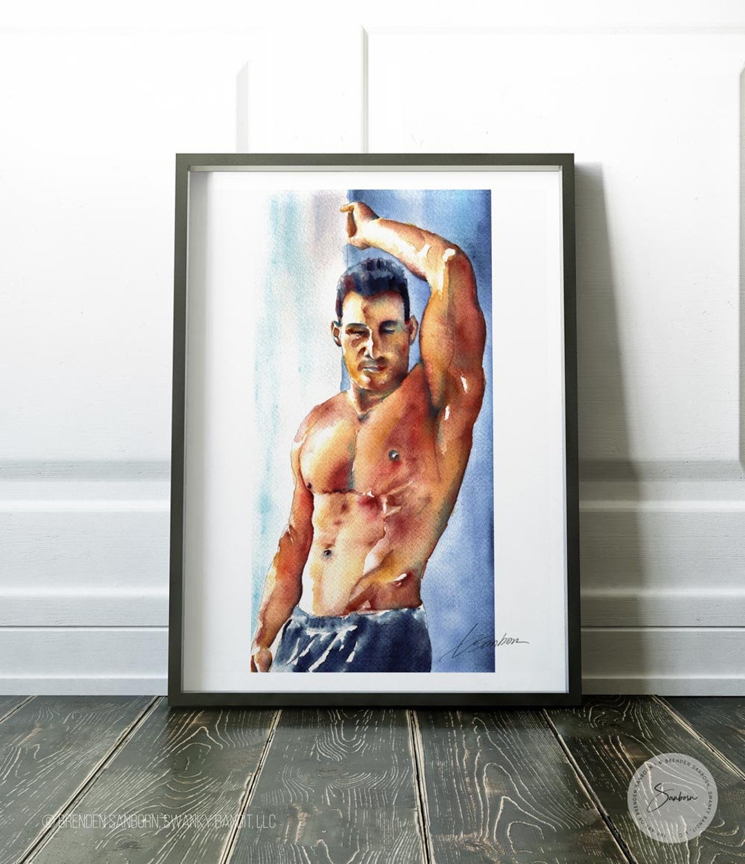 Male Art Print, Athletic Watercolor Nude, Erotic Muscular Figure, Artful Wall Art, Sensual