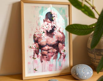 muscular torso blossoms painting, strong male flowers poster, sensual body floral drips gay art wall decor, masculine figure petals print