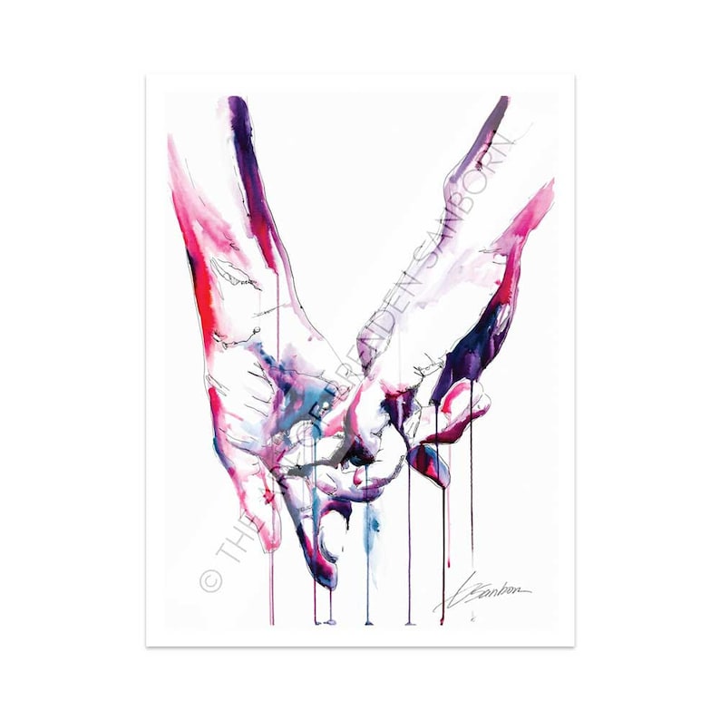 Gay Love Art Print Brenden Sanborn Signature Drip Watercolor Strong Hands Connection LGBTQA Wall Decor Pinkie Promise Romance image 2
