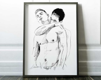 Black and White homoerotic art | Gay Men Shower | Homosexual Art | naked men | gay artwork | unique gift ideas for couples | gay male love