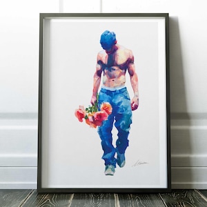 Queer Wall Art, Watercolor Male Figure Print, Gay Art Print, Shirtless Man with Flowers, Giclée Art Print, LGBTQ Gift Idea, Modern Decor
