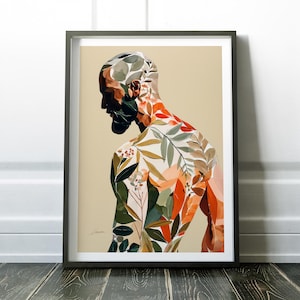 May include: Framed art print featuring a stylized illustration of a person's silhouette. The figure's form is adorned with a vibrant pattern of leaves and floral elements in shades of green, orange, and white, set against a beige background.