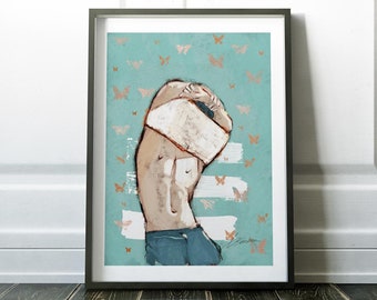 Off Goes the Shirt - queer art lgbt painting / nude male figure / colorful watercolor / home decor wall art / gay art / Brenden Sanborn