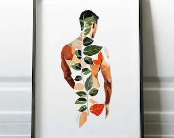 Männliche Figur Wand Gay Art, botanische Akt Kunstdruck, Blattmuster Körper Kunstwerk, minimalistische Wohnkultur, moderne Natur-inspirierte Kunstwerk