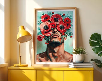 male face flowers painting, strong portrait blossoms poster, sensual man red petals gay art wall decor, masculine figure floral illustration
