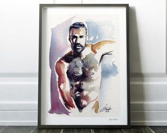 Brunette and Bearded Man Watercolor Print | Watercolor Art | Visual Art | Giclee Art | Portraiture Art | Divorce Gift | Gay Male Art