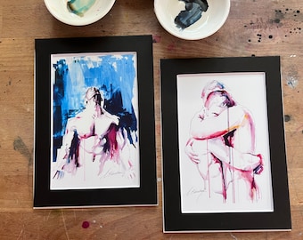 Set of 2 Signed Love is Love Art Prints, Gay Male Figures, 5x7" Matted Decor, Unique LGBT Love Gift, Love Home Accent Decor