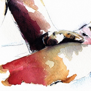May include: A watercolor painting of a nude figure with a focus on the leg and foot. The painting is done in shades of brown, red, and white.