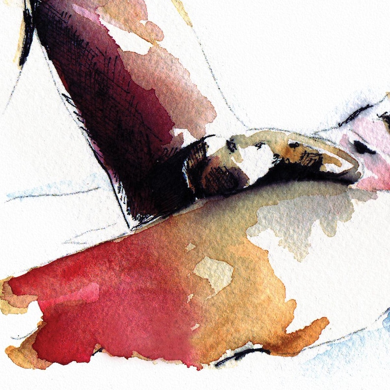 May include: A watercolor painting of a nude figure with a focus on the leg and foot. The painting is done in shades of brown, red, and white.