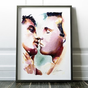 Intimate Male Kiss Watercolor Giclée Art Print: Love is Love Bedroom Decor