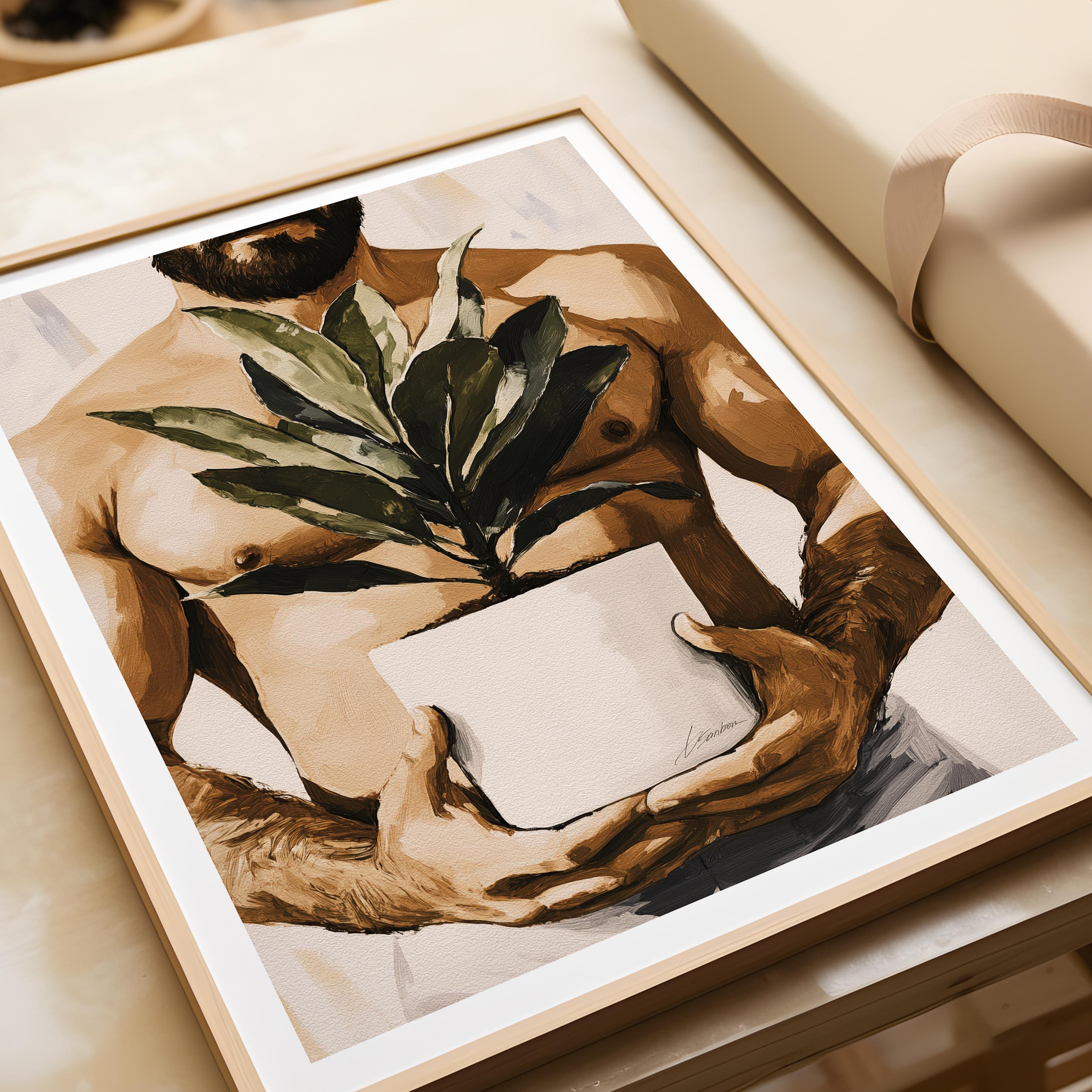 bearded male torso print, muscular figure gay art print, sensual body holding plant poster, strong arms greenery wall decor, Queer Plant