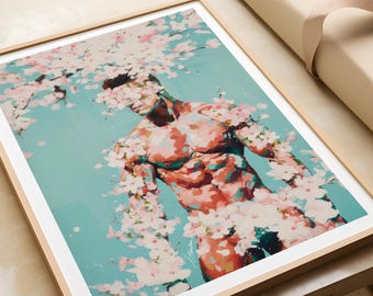 Stampa artistica di un uomo con fiori di ciliegio in fiore, arte murale di un uomo nudo, dipinto floreale moderno, arredamento maschile, arte astratta di nudo, opera d&#39;arte gay per camera da letto o ufficio