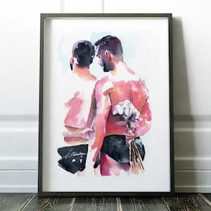 Gay Couple Watercolor Art Print: Romantic Embrace, Love is Love