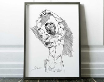 watercolor print home male butt | Frontal Figure Art | black and white | honeymoon gifts for couple | queer wall art | gay artwork