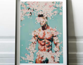Kirschblüte männlich Art Print, nackte männliche Wandkunst, moderne Blumenmalerei, männliche Dekor, abstrakte nackte Kunst, Schlafzimmer oder Büro Gay Kunstwerk