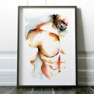 Male Torso Watercolor Print, Gay Art Wall Decor, Handsome Bearded Man Art, LGBTQ+ Home Artwork, Sensual Male Body Art Print