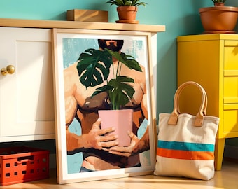 male torso art print, muscular figure gay art painting, strong arms greenery poster, sensual body floral canvas, masculine chest plant art