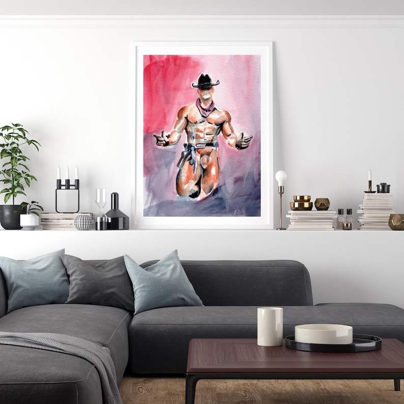 Nude Male Art Cowboy Full Frontal Male Watercolor Painting Erotic LGBTQ
