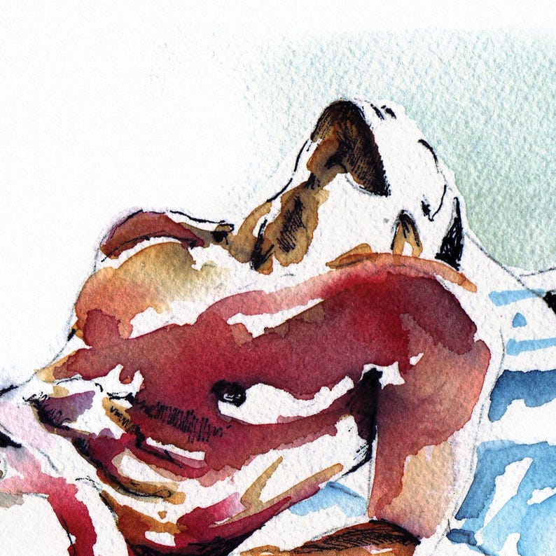 May include: Watercolor painting of a person lying down, with their head turned to the side. The person is wearing a red shirt and is lying on a blue and white striped blanket.