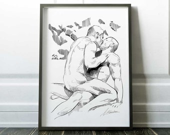 gay art queer artist | nude male print | pen and ink art | pen art | men in love | love is love | male figure | black and white