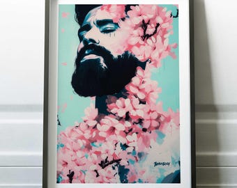 Bearded Man Print, LGBTQ Wall Art, Gay Art Print with Flowers, Queer Art for Home, LGBTQ Floral Decor, Masculine Gay Artwork Print
