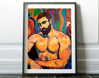 Masculine Gay Art Print, Bold Colorful Bear Community Painting, Queer Artwork, LGBTQ Muscular Man Illustration, Pride Decor, Gay Artwork