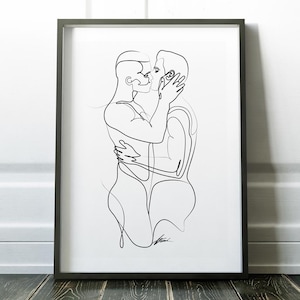 May include: A black and white line drawing of two people embracing and kissing. The drawing is in a simple style, with the figures' bodies represented by a single continuous line.