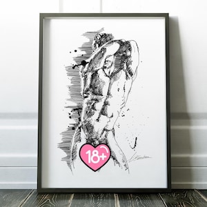 Gay Artwork, LGBTQ Art Print, Gay Couple Art, Masculine Figure Ink Illustration, Modern Living Room Decor, Unique Gift for Him