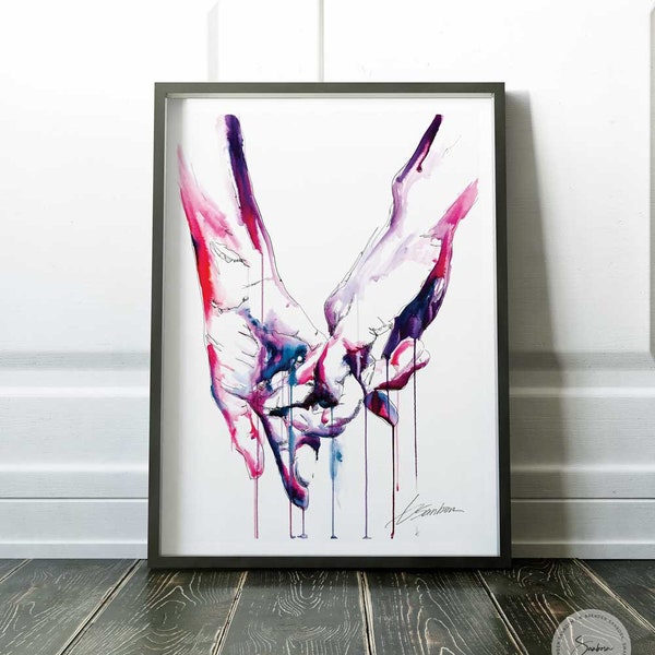 Gay Love Art Print | Brenden Sanborn Signature Drip Watercolor | Strong Hands Connection | LGBTQA+ Wall Decor | Pinkie Promise Romance