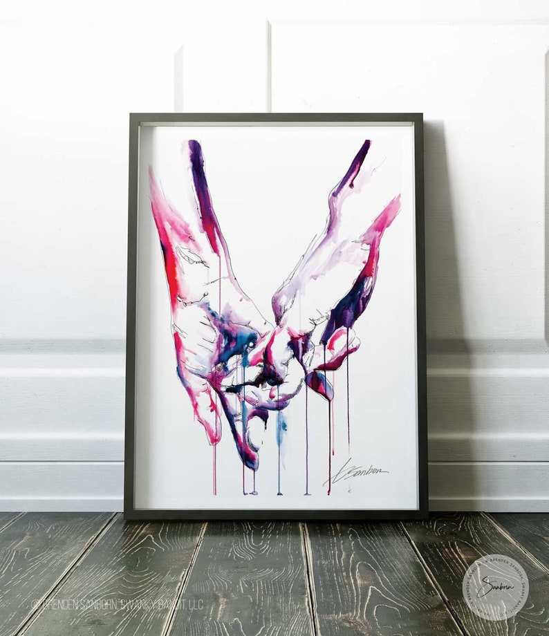 Gay Love Art Print Brenden Sanborn Signature Drip Watercolor Strong Hands Connection LGBTQA Wall Decor Pinkie Promise Romance image 1