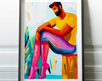 May include: A framed art print featuring a colorful illustration of a person in a yellow shirt, purple pants, and pink high-heeled boots. The artwork has a modern, abstract style with bold brushstrokes and a vibrant color palette. The person is seated on a wooden block.