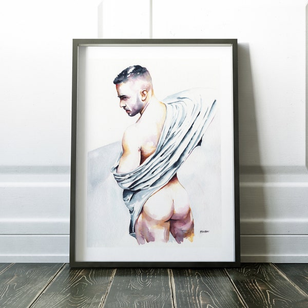 Joli couple en cadeau aquarelles colorées | art du gâteau au boeuf | homme pose dessin | oeuvre d'art homosexuelle | Pouvoir gay | Arts visuels