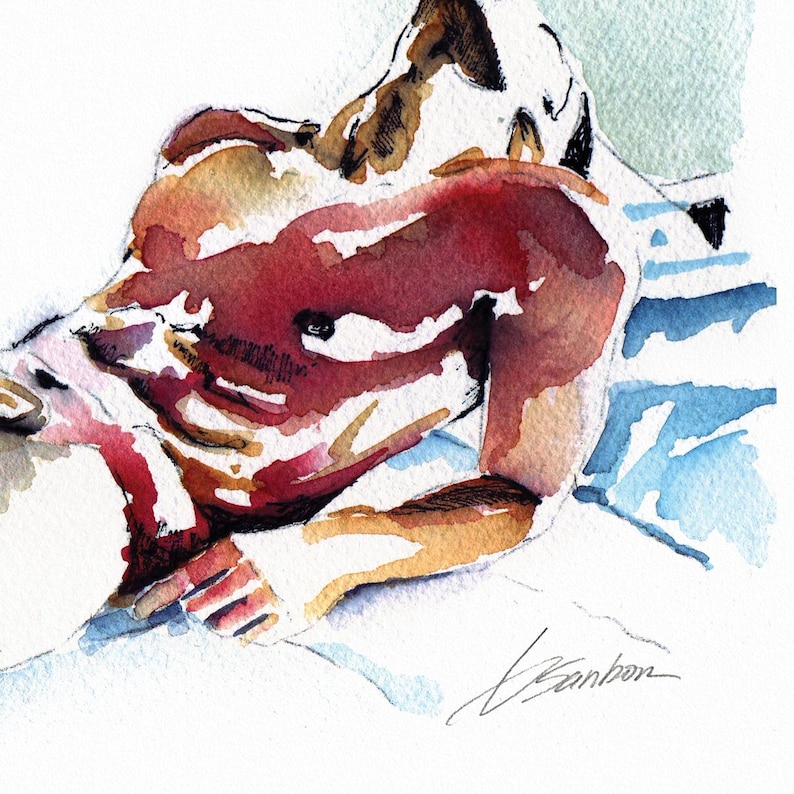 May include: Watercolor painting of a person lying on a bed. The person's torso is visible, with red, brown, and white tones. The bed is blue and white.
