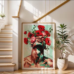 male portrait flowers painting, strong figure blossoms poster, sensual man red petals gay art wall decor, masculine body floral composition