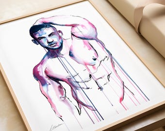 muscular male art print, torso gay art painting, queer lgbtq dripping watercolor poster, strong figure canvas, contemporary body portrait